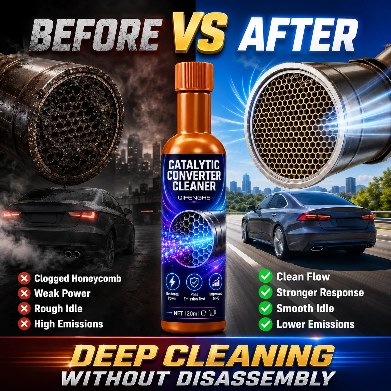 QIFENGHE Catalytic Converter Cleaner 120ml, Deep Carbon Removal, Unclog Converter, Restore Power, Pass Emission Test, Easy Pour