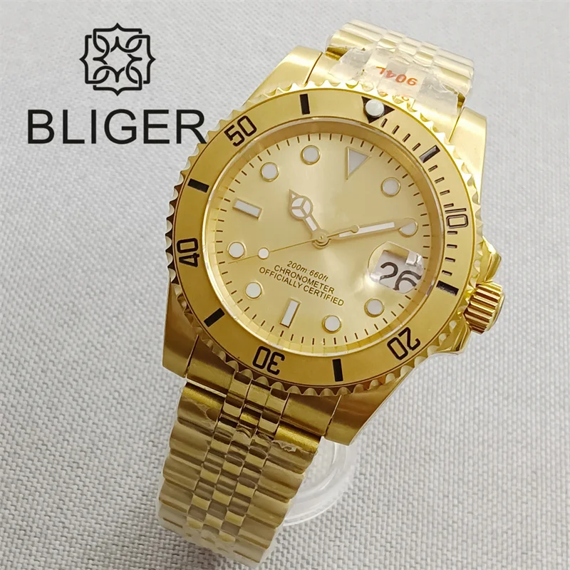 BLIGER Luxury NH35 MIYOTA 8215 PT5000 Automatic Men Watch Full Yellow Gold Bracelet Gold Sunburst Dial Sapphire Glass Waterproof