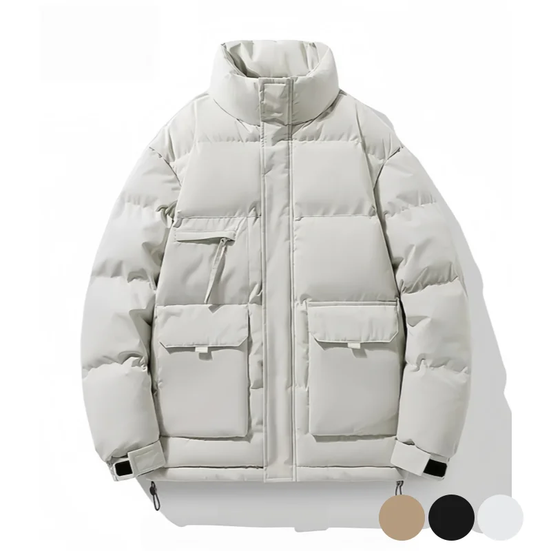 Trendy Workwear Stand-Collar Cotton Jacket for Men, Autumn and Winter Loose Thick Warm Coat, Large Size Multi-Pocket Casual Cotton Clothing