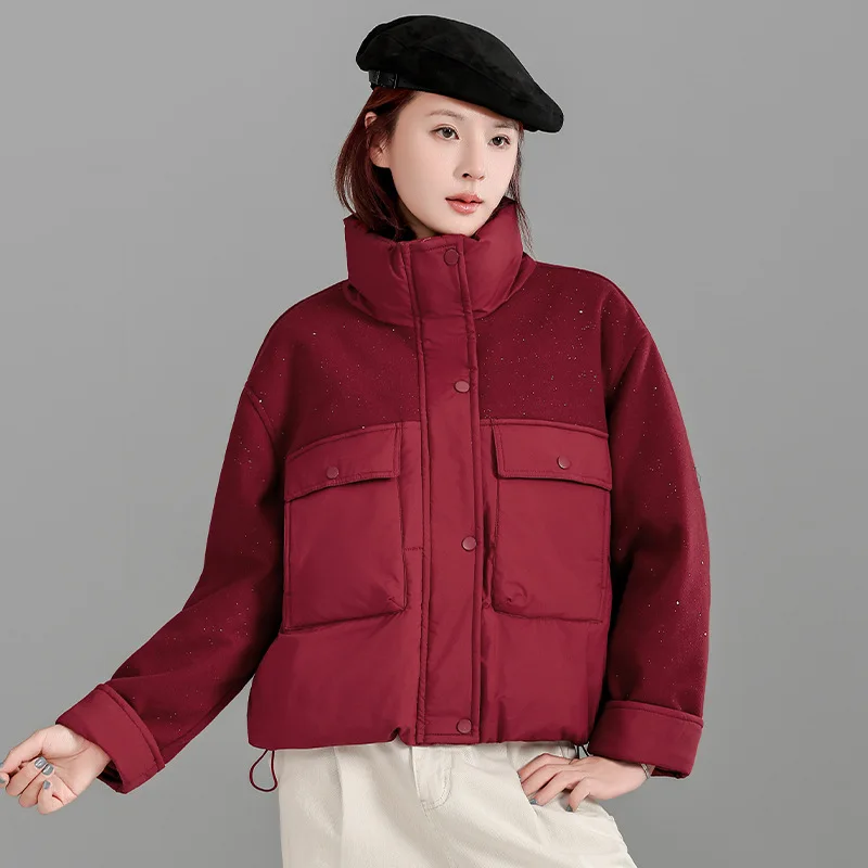 أنيقة الترتر الوقوف طوق سترات قصيرة المرأة شعبية المرقعة جيب كبير الشتاء سترة رشاقته الدافئة سستة معطف مبطّن بالقطن