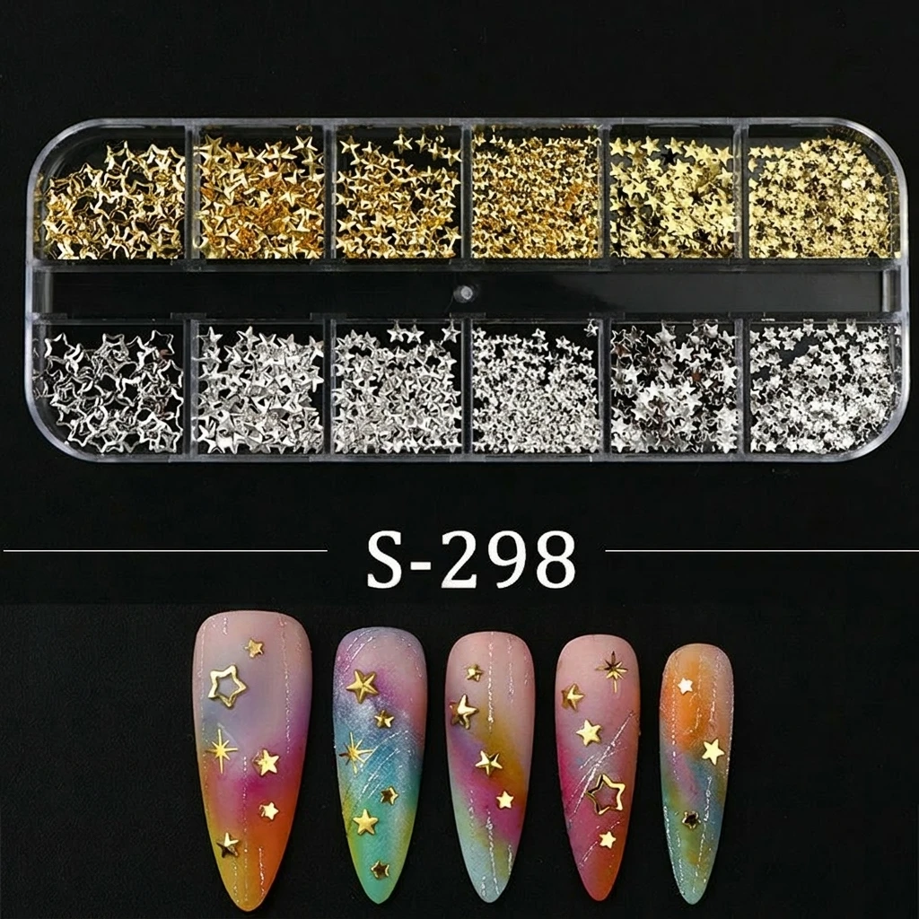 12-Grid Mixed Size Gold Silver Metal Star Nail Decorations Alloy Plating Craftsmanship For Manicure DIY