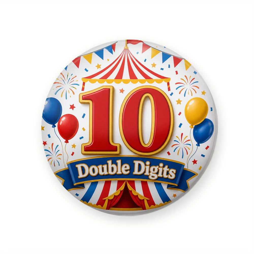 1pc, 2D Flat 10 Double Digits Celebration Lapel Pin, Easy to match daily accessory, Round 44mm, Adds a cute touch to everyday ou