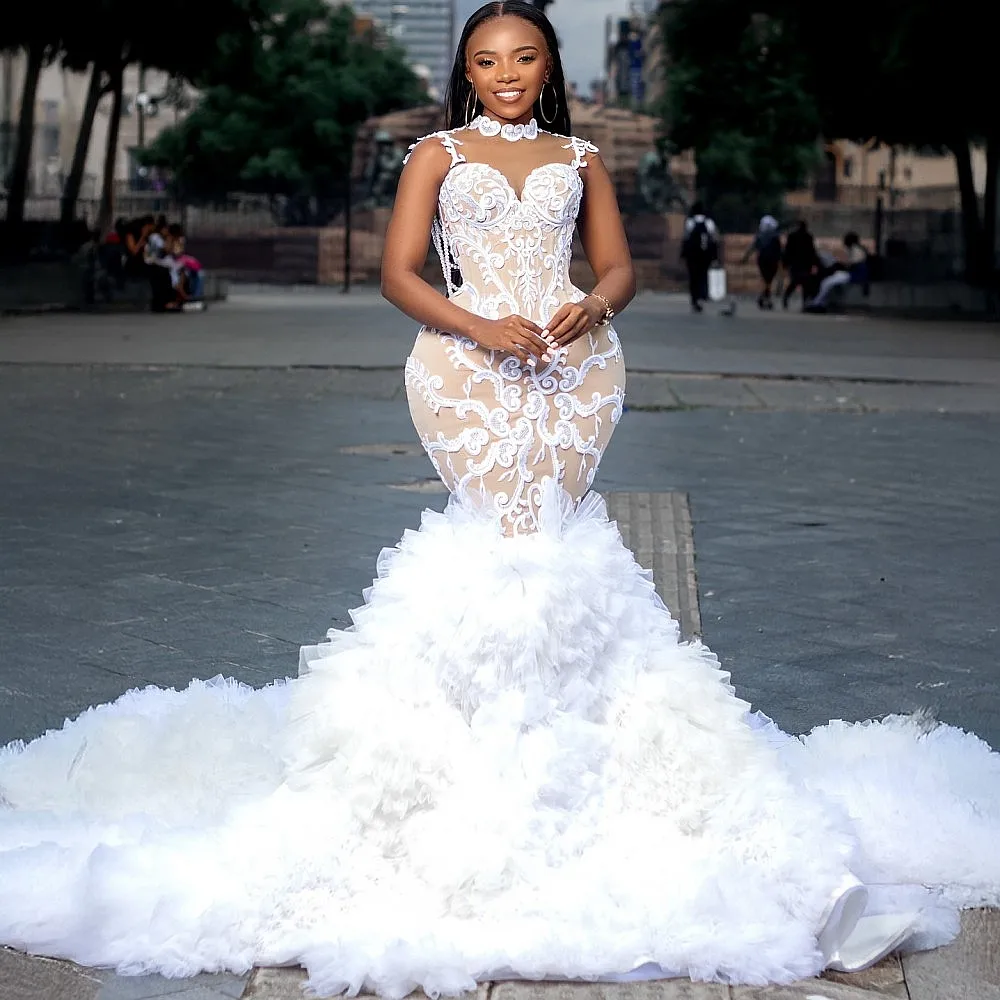 Femmes africaines sirène robes de mariée avec col haut Sexy vestidos de novia glands à plusieurs niveaux Tulle grande taille robe de mariée