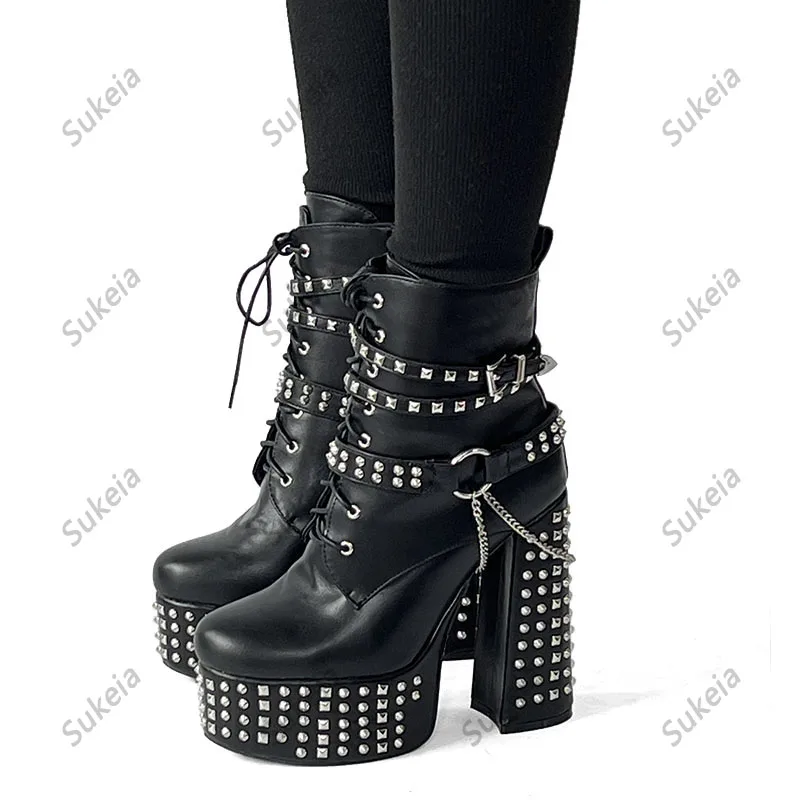 Sukeia Handmade Women Winter Ankle Boots Chain Strap Platform Round Toe Cool Black Punk Party Shoes US Plus Size 5-20