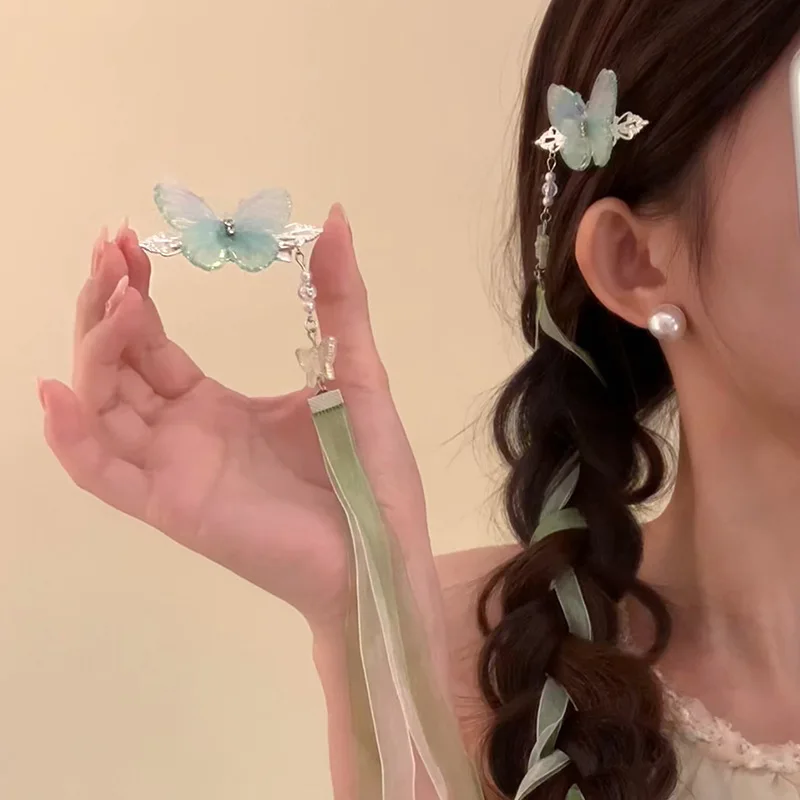 Gradient Purple Butterfly Hair Clips Girls Headpieces Pearls Chain Tassel Hairpins Women Chinese Hair Jewelry Accessories