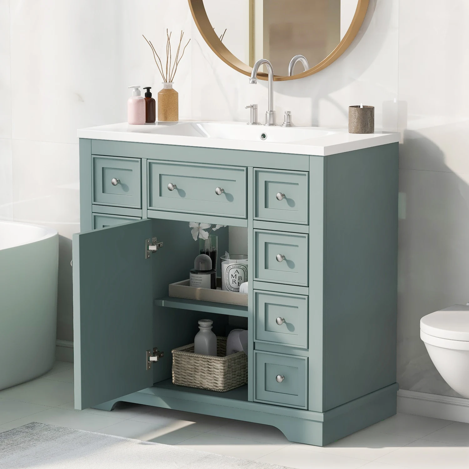 

36" Green Bathroom Vanity Sink Combo, Solid Wood/MDF, One Cabinet, Six Drawers