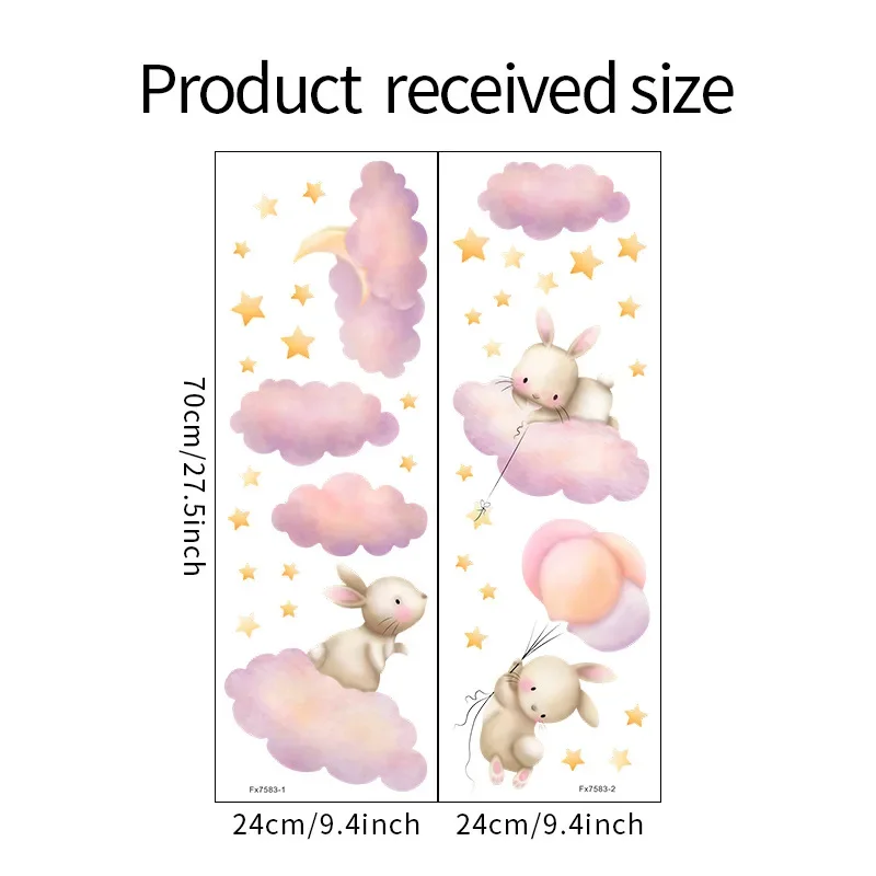 Kawaii Cartoon Bunny Pink Clouds Stars Watercolor Children Stickers Vinyl Nursery Wall Decals Kids Girls Baby Room Home Decor