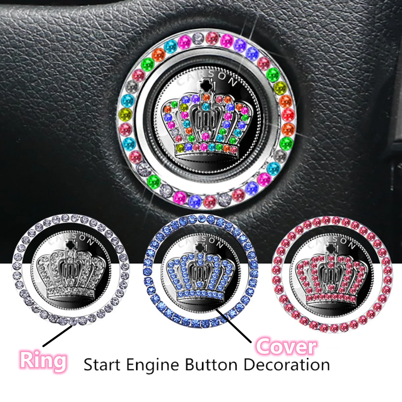 Autocollant en cristal strass scintillant, anneau couronne emblème, bouton poussoir, clé, démarreur et bouton, accessoires d\'intérieur de voiture