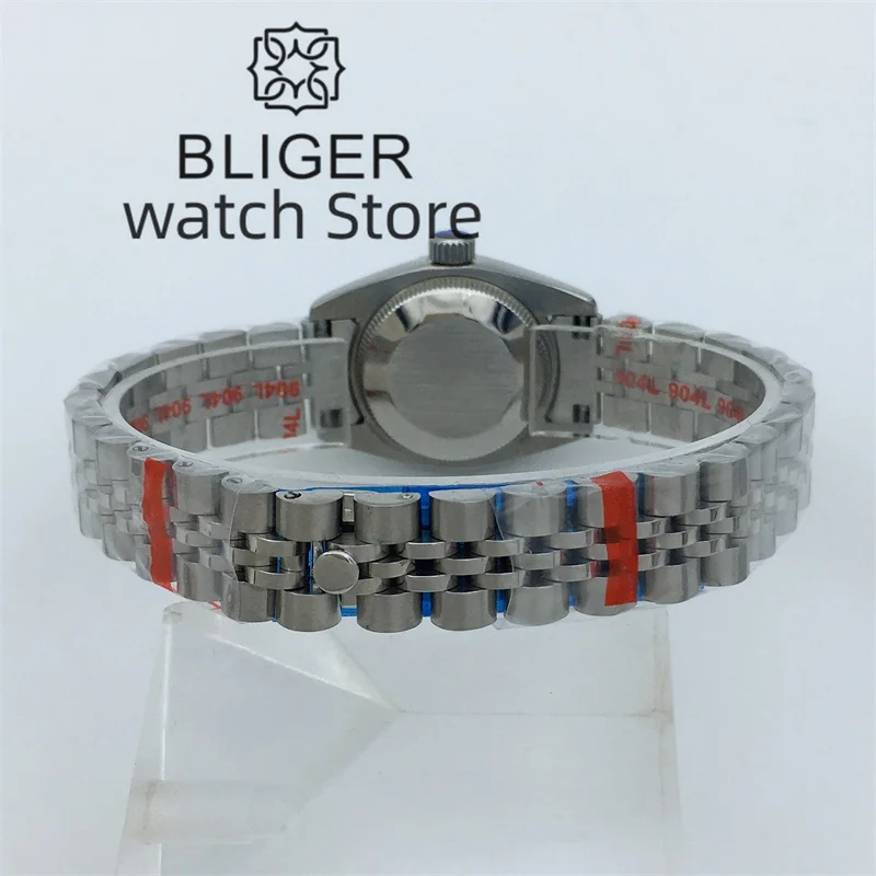 Bliger 26mm Japan nh05 Automatik uhr für Damen graues Zifferblatt Roségold Diamant Index Datum Saphirglas Silber Jubiläums armband