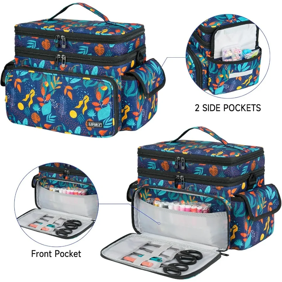 大きな二層式の裁縫用品オーガナイザー、リーフ柄のデザインで持ち運びや旅行に最適、裁縫道具の保管に最適です。