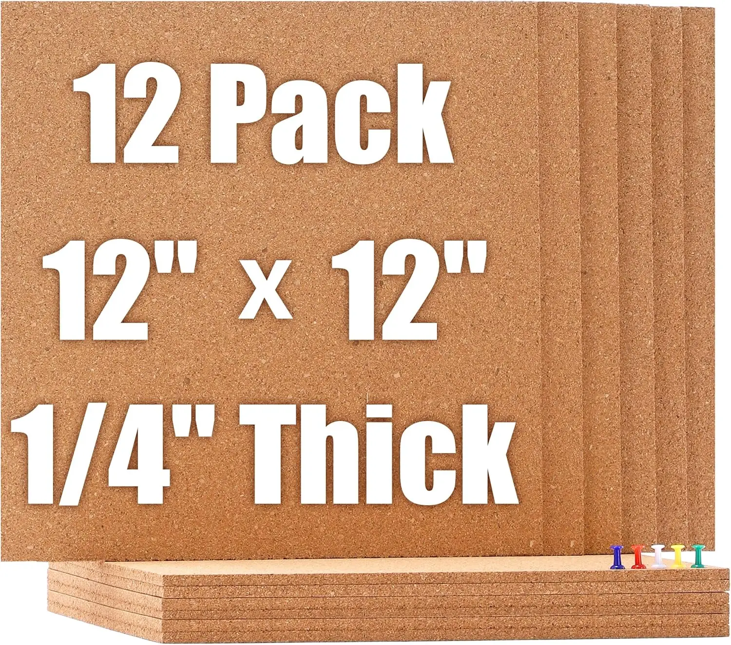 

12x12 Cork Board Tiles - 12 Pack with Push Pins & Adhesive