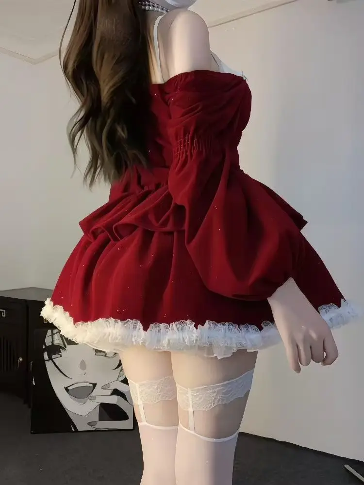 2025 Kawaii Christmas Vintage Sweet 2 Piece Sets Women Lace Design Long Sleeve Bow Tops + Strap Dresses Korean Y2k Chic Cute New