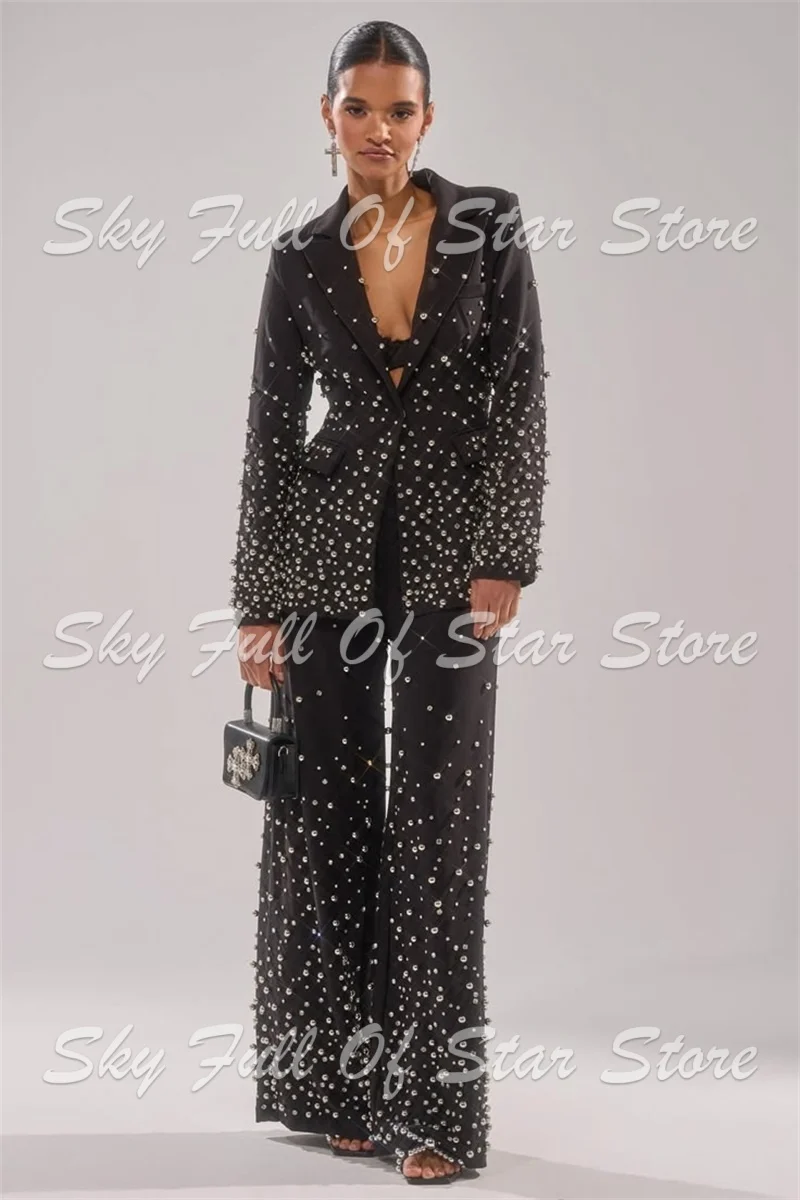Gradient Star Rhinestone Women Suit Set 2 Pcs Single Button Blazer+Wide Leg Pants Luxury Formal Evening Party Wedding Lady Coat