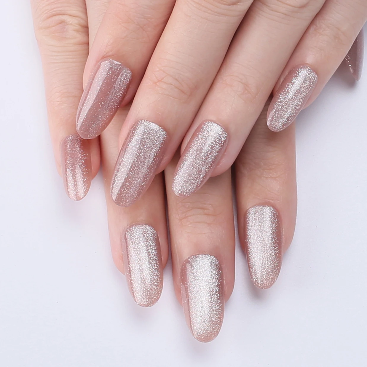 Nude Oval Cat Eye Acrylic Nails Silver colored Fake nails Almond long False nails girl decoration Press on nails