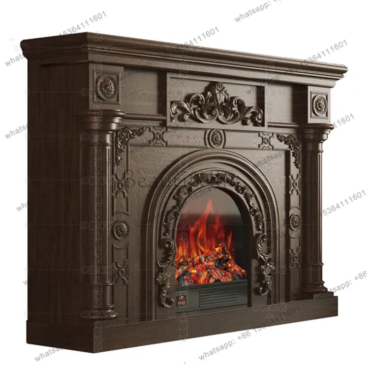 High-end custom all-solid wood oak European-style carved fireplace cabinet, wabi-sandy wind entrance cabinet