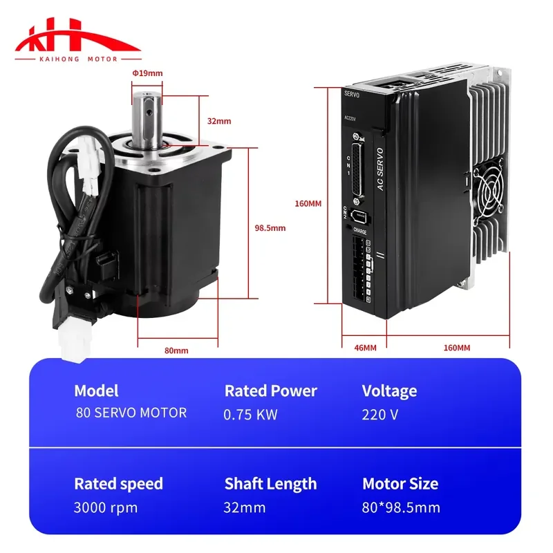 Kaihong 2.39N.m 3000RPM 750W 220V AC Servo Motor with Encoder Driver Controller CE Certified CNC Set Kit Three-Phase