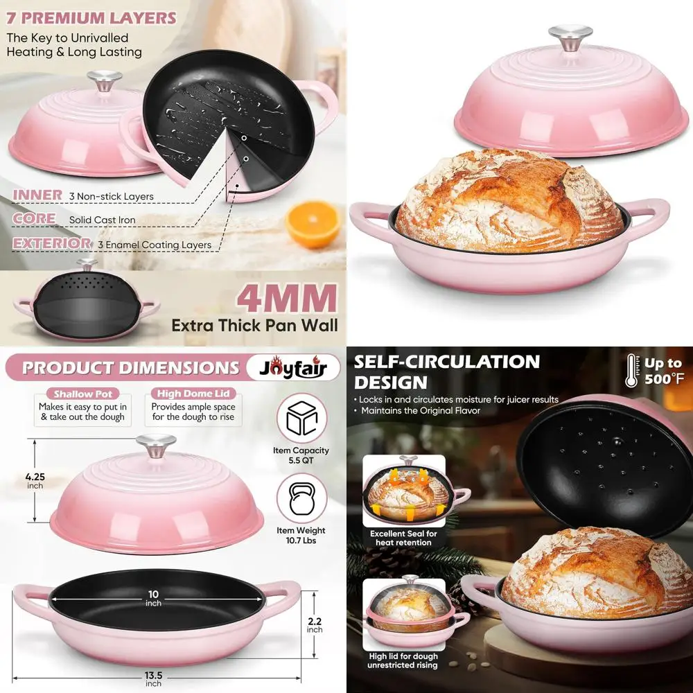 

Чугунная кастрюля-казан с розовой эмалью, 5,5 кварты, для выпечки хлеба на закваске, с антипригарным покрытием, для использования в духовке до 500 градусов ° F, с усиленной двойной рукояткой