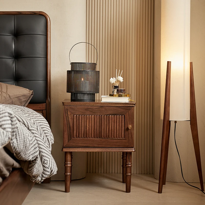 Black walnut bedside table French retro designer medieval solid wood bedside table Bedroom home Suitable for indoor use