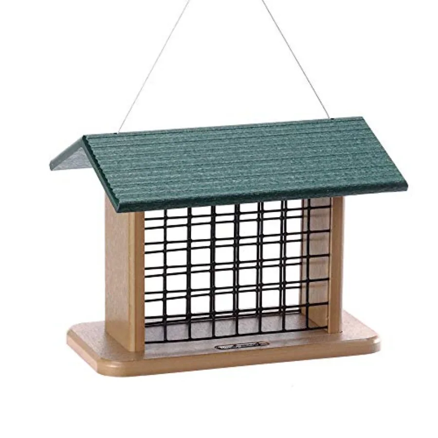 

Seed and Suet Block Cage Feeder Hanging Bird Suet Feeder with Roof for Woodpeckers Jays Nuthatches Vinyl Coated Grid Sturdy for