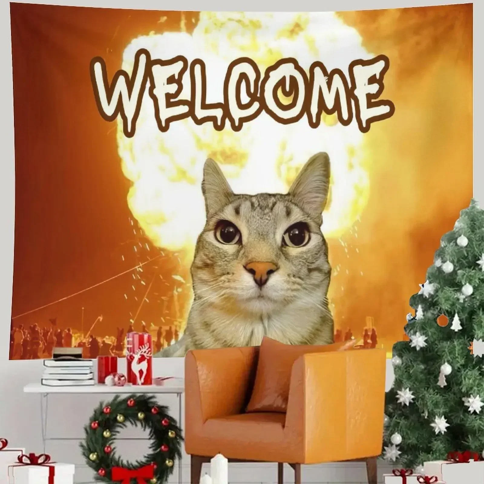 Explosion Orange Smoke Welcome Meme Tabby Cat Wall Flag Outdoor Decorations Funny Flags for Bedrooms Home Decor Items Flaga the