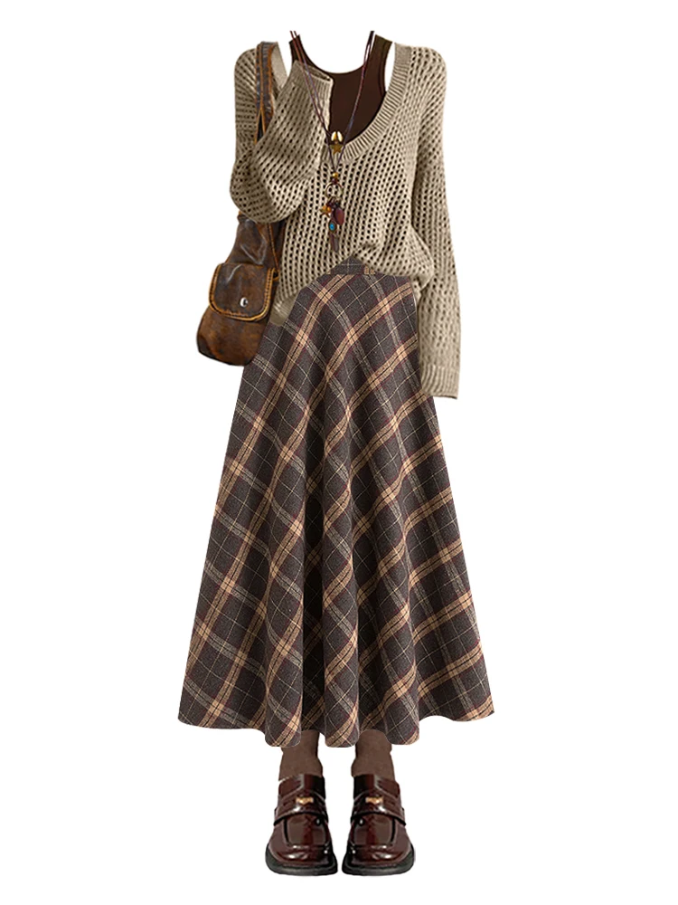 Herfst nieuwe uitgeholde gebreide trui set met geruite f rok voor dames zachte Sle lange Sve ronde Ne vrijetijdskleding