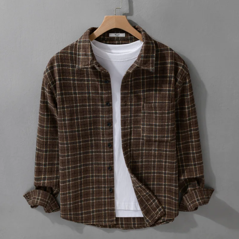 Autumn and winter men's woolen plaid loose casual long sleeved shirt Men's shirts fashionable and trendy for young men