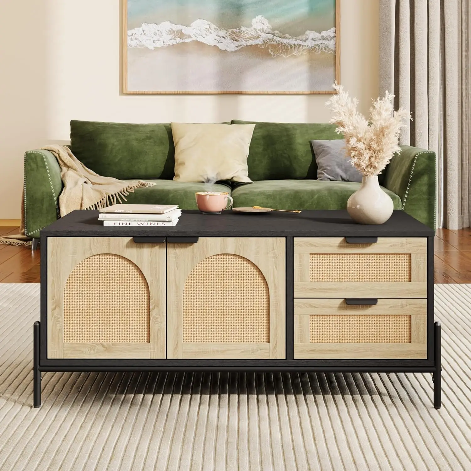 

Black Oak Farmhouse CoffeeTable - Rectangular Wooden Table with Rattan,LED Lights,2 Drawers,2 Doors