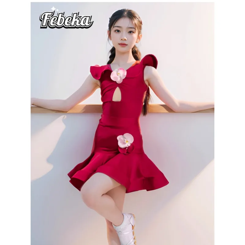 Aangepaste Latin dansjurk Oefenjurk voor kinderen Prestatie-outfit voor meisjes Lijnpak Ballroom Standaard 2 stuks