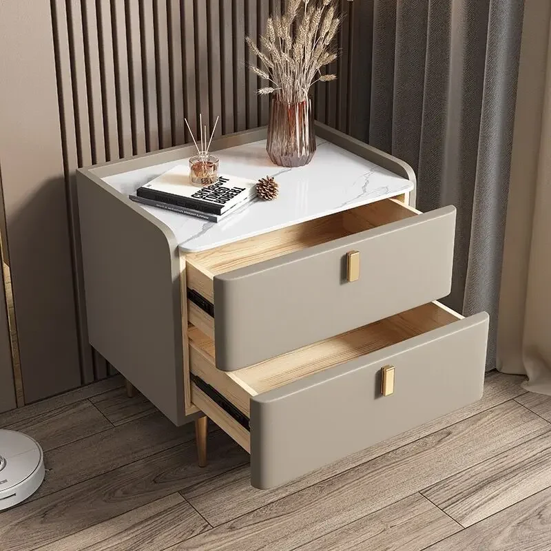 Solid wood simple modern bedside table, slate leather art, light luxury Nordic locker, high-end sense bedside cabinet, bedroom h