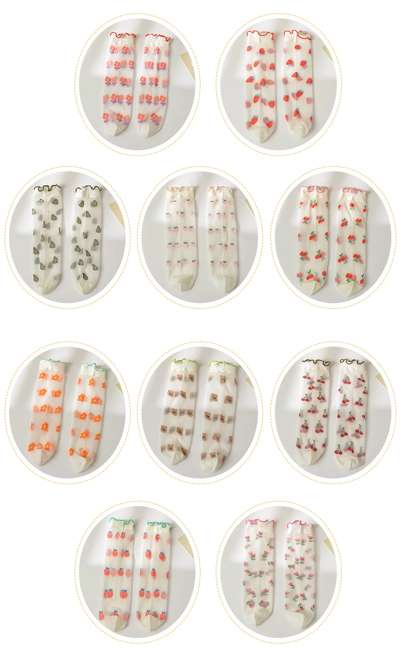 Rüschen-Kawaii-Baby-Kinder-Socken mit Blumenstickerei, Lolita-Prinzessin-Mädchen, Niedliche Erdbeer-Ultra-Dünne Overknee-Socken – Detail 5