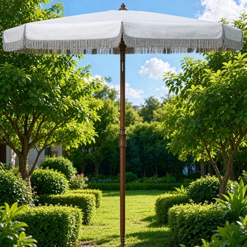 6.5ftNautical Fringe Patio Umbrella White Polyester Canopy Button Tilt UV Resistant Metal Pole Estonia Style for Garden Poolside
