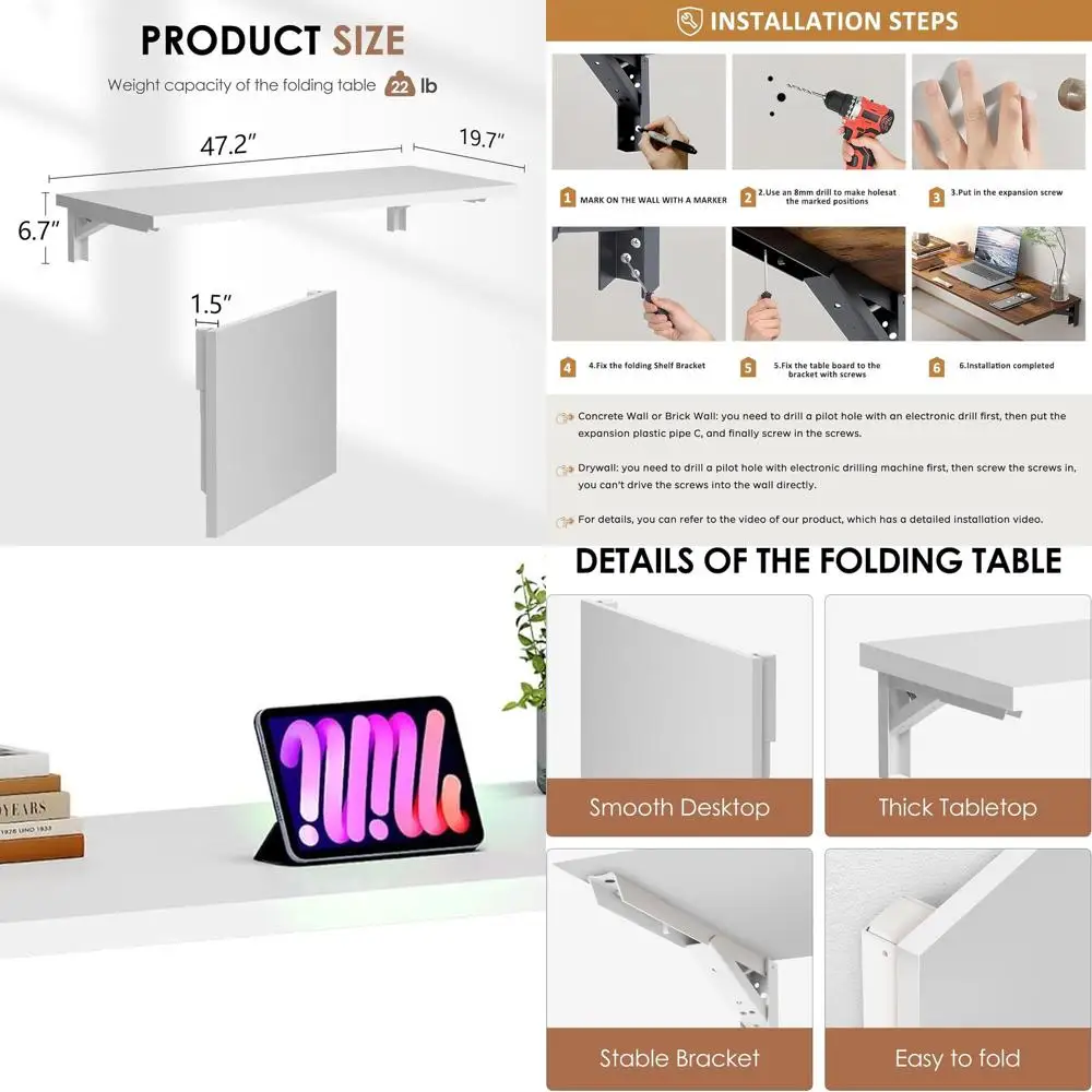 

Белый складной настенный стол — верстак 47,2 л x 20 Вт для гаража, домашнего офиса, прачечной, бара, кухни и столовой