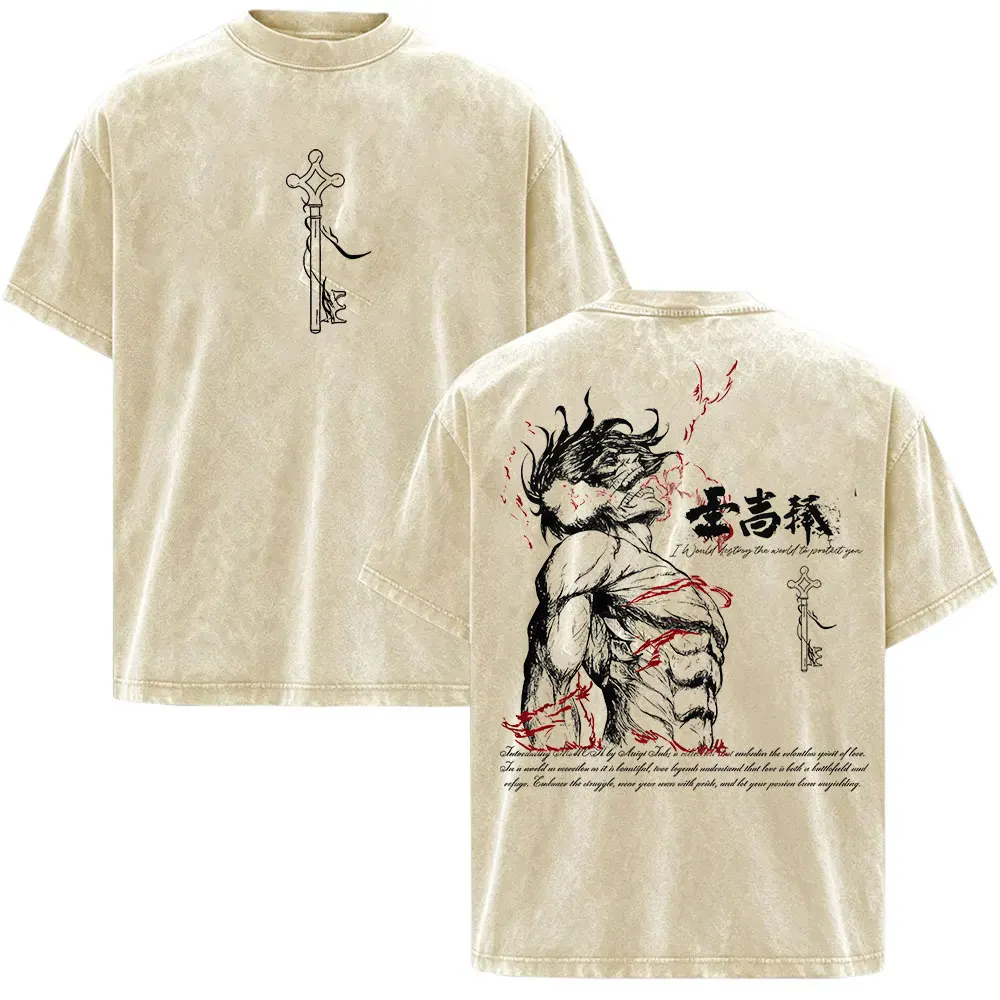 Anime Attack on Titan Vintage Washed T Shirt Japan Print Eren Yeager Short Sleeve T-shirts Men's Gothic Clothing Fashion T-shirt