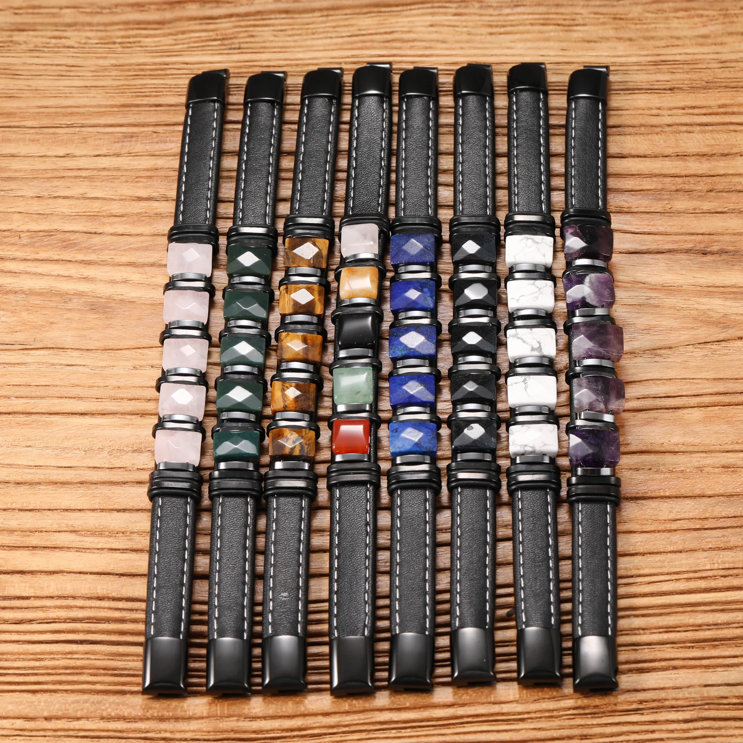 Naturfarbener Stein, Lederband-Armband, Edelstahlverschluss, Boho-Chic-Heilkristallschmuck, Geschenk für Frauen und Männer – Detail 2