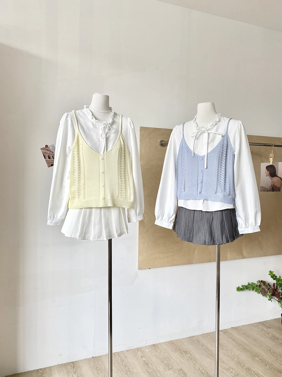 

Весна 2026: Модный вязаный топ-халтер в корейском стиле с рюшами под дерево и завышенной талией, универсальный крой