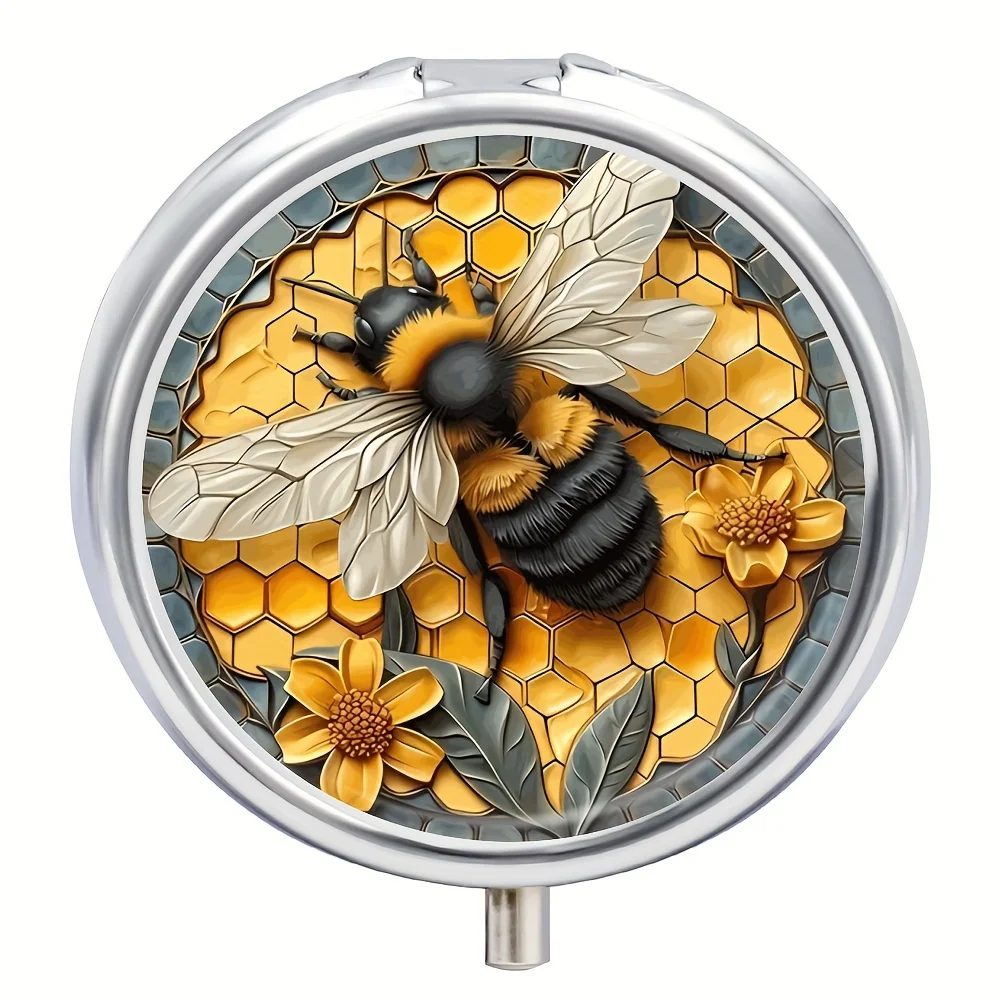 Bee Pill Box with 3 Compartments,Mini Portable Case Organizer,Decorative Metal Vitamin Holder for Pocket