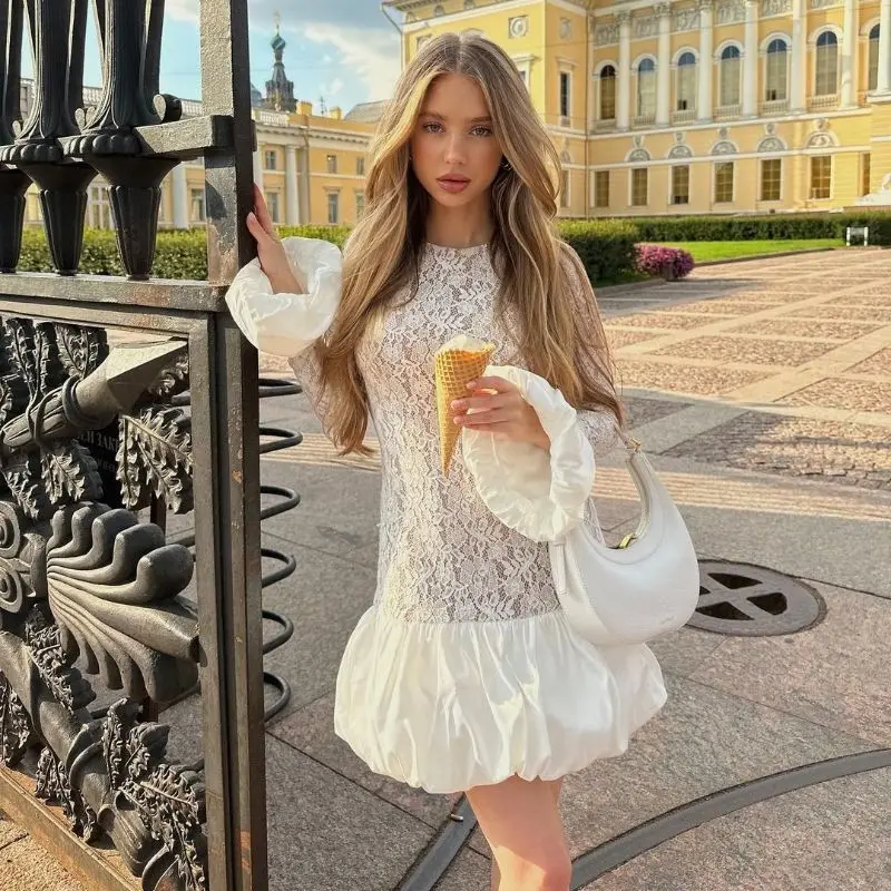 2025 spring European and American new lantern sleeves long sleeves sweet and fresh French waist lace skirt