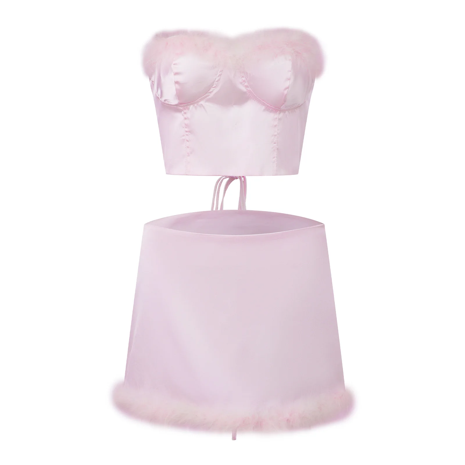 

Женский летний комплект: стильный однотонный укороченный топ без бретелек с меховой отделкой и мини-юбка, комплект из 2 предметов