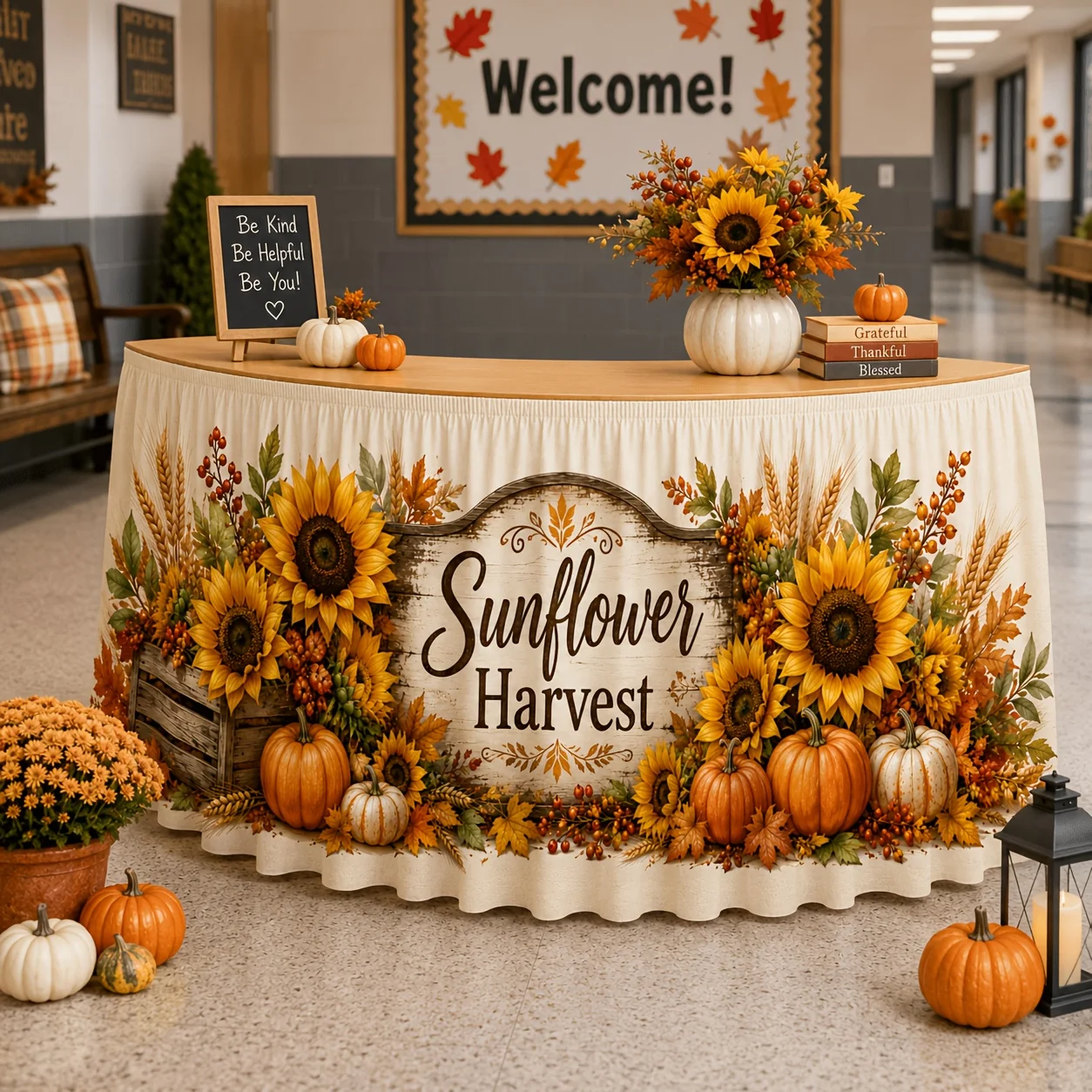 1 tablecloth table skirt, sunflower harvest wooden signage, pumpkin wheat maple leaf fall farm thanksgiving
