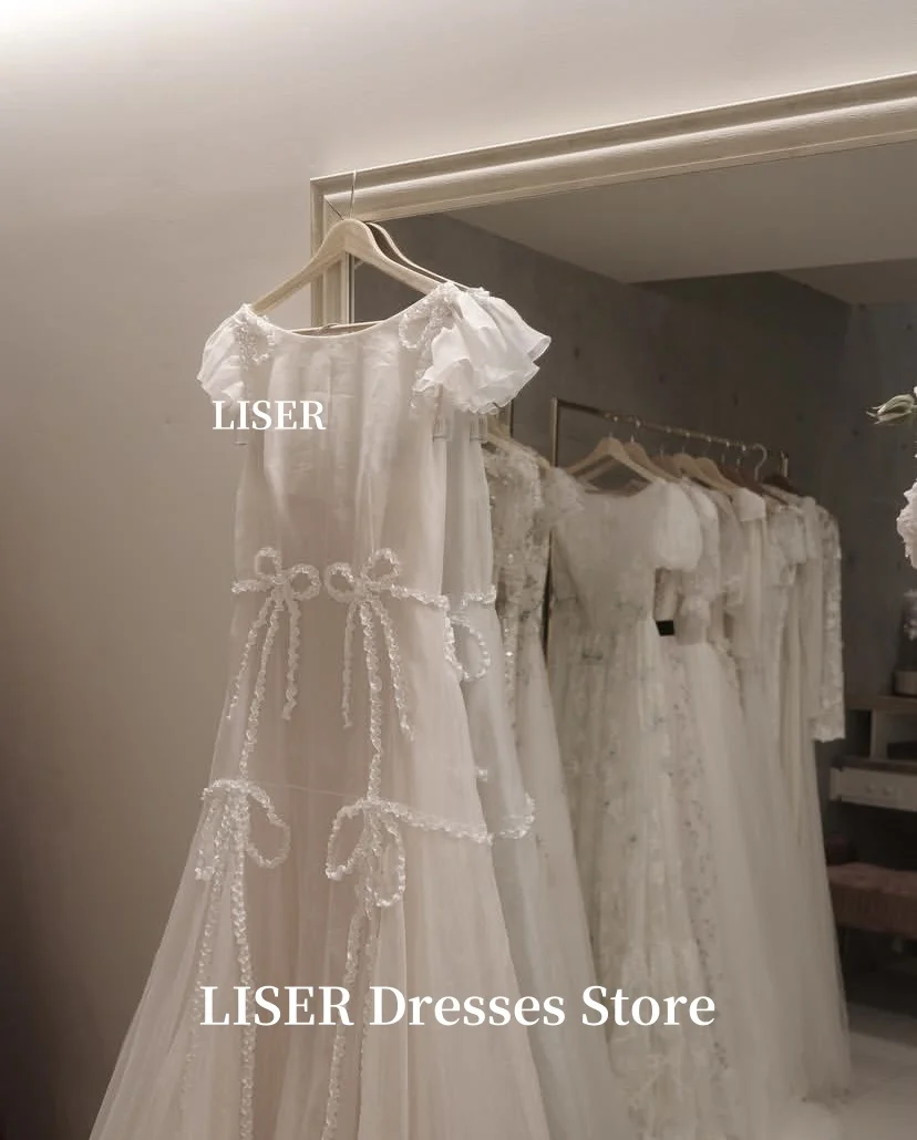 Liser O-pescoço Doce Coréia Vestidos de Casamento Manga Curta Tule Macio Sessão de Fotos Vestidos de Noiva Brilhantes ...........an espartilhos Personalizados Voltar