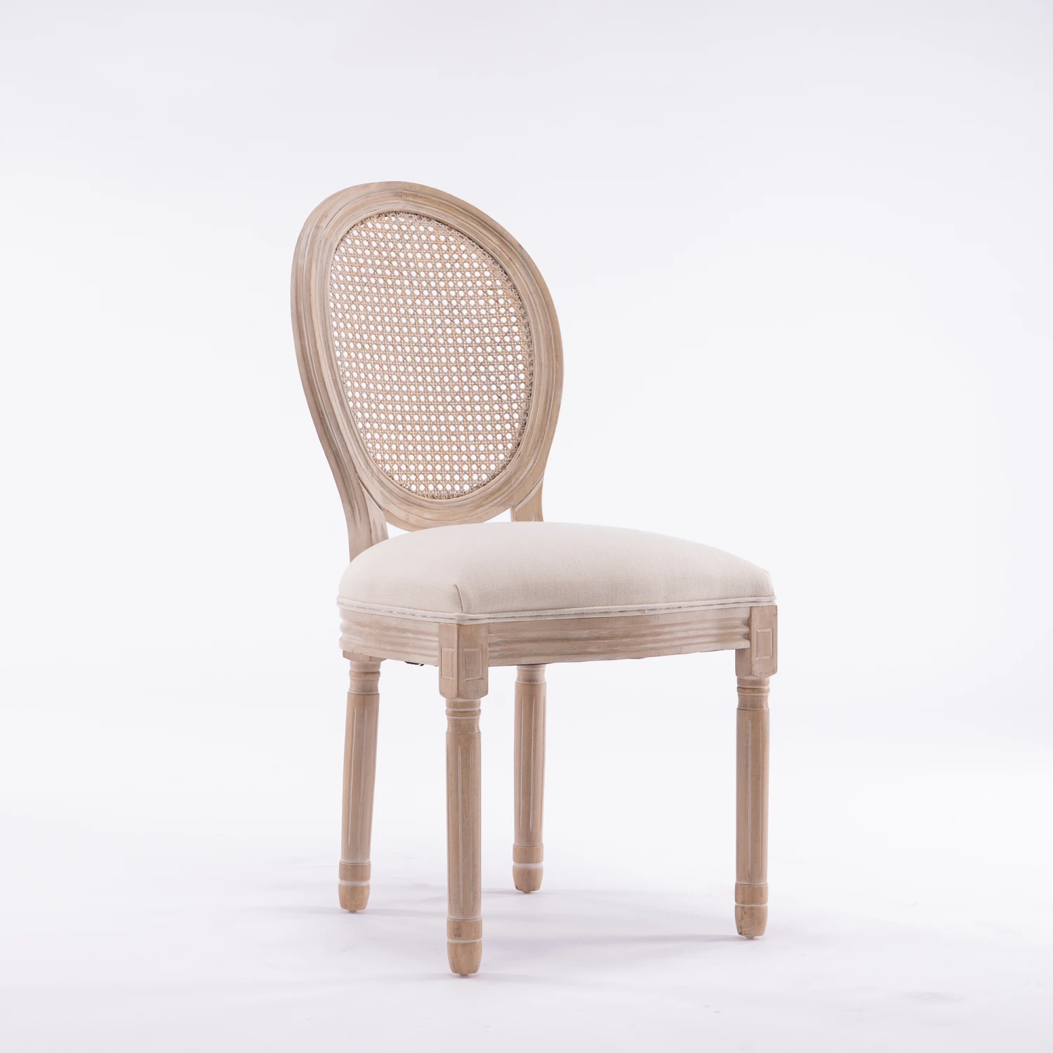 French Style Solid Wood Frame Linen Fabric Rattan Back Dining Chair, Cream, Set of 2