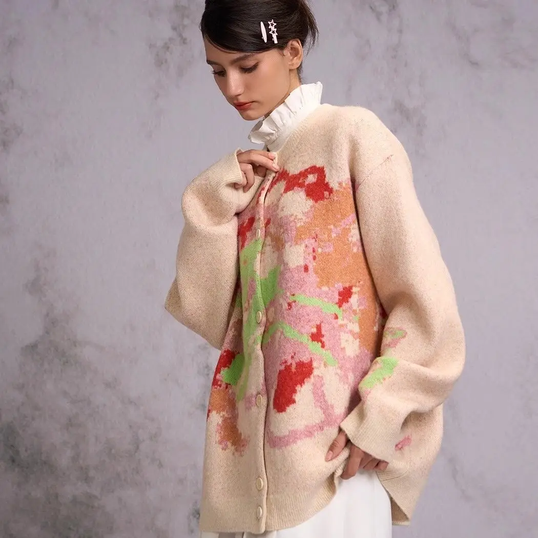 Crayon Graffiti Sweater Round Neck Cardigan Women Men Couple Colorful Tops  Autumn New Sweet Cute Loose Casual Outerwear