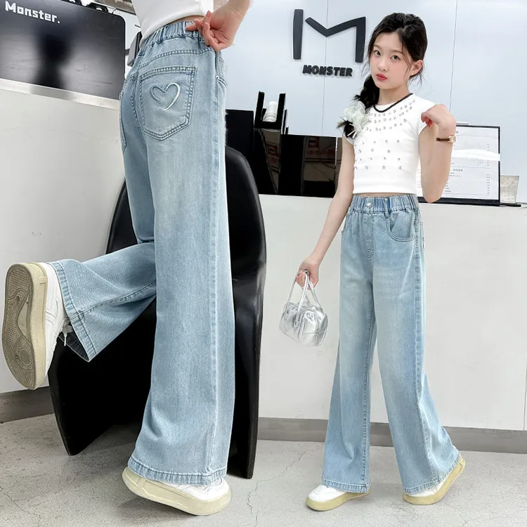 OLEKID Spring Junior Girls Jeans Love Pockets Children Girls Denim Pants Loose Elastic Waist 4-14Y Kids Girls Trousers Baby Pant