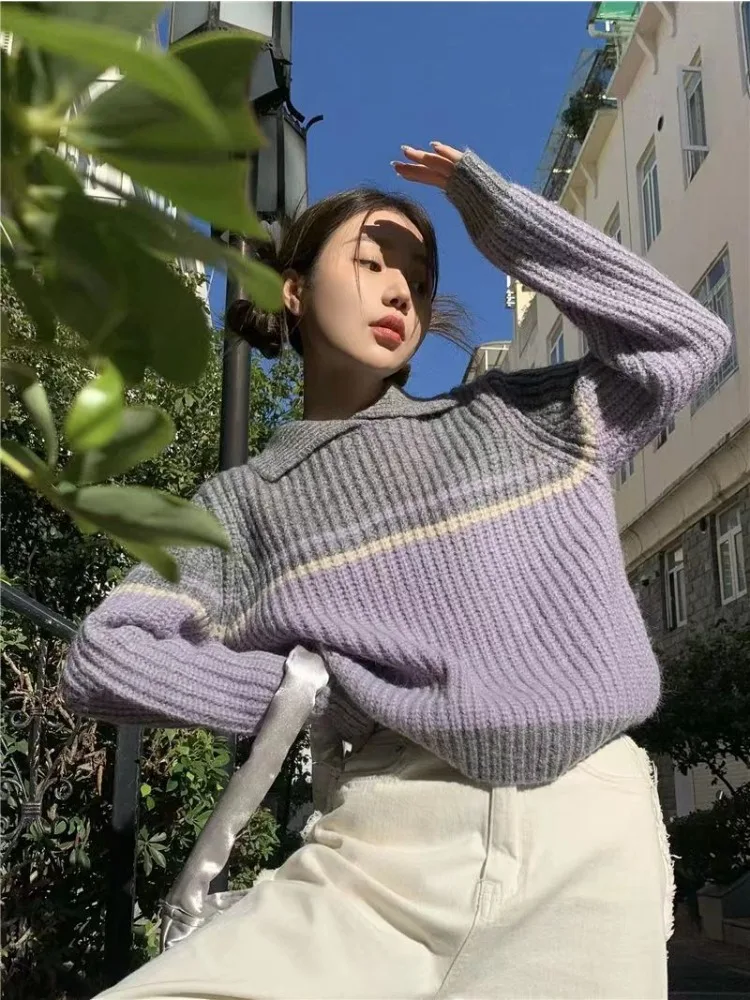 

Модный женский свитер осень-зима 2026: элегантный, с цветовыми блоками, высококачественный дизайн, свободный и универсальный крой