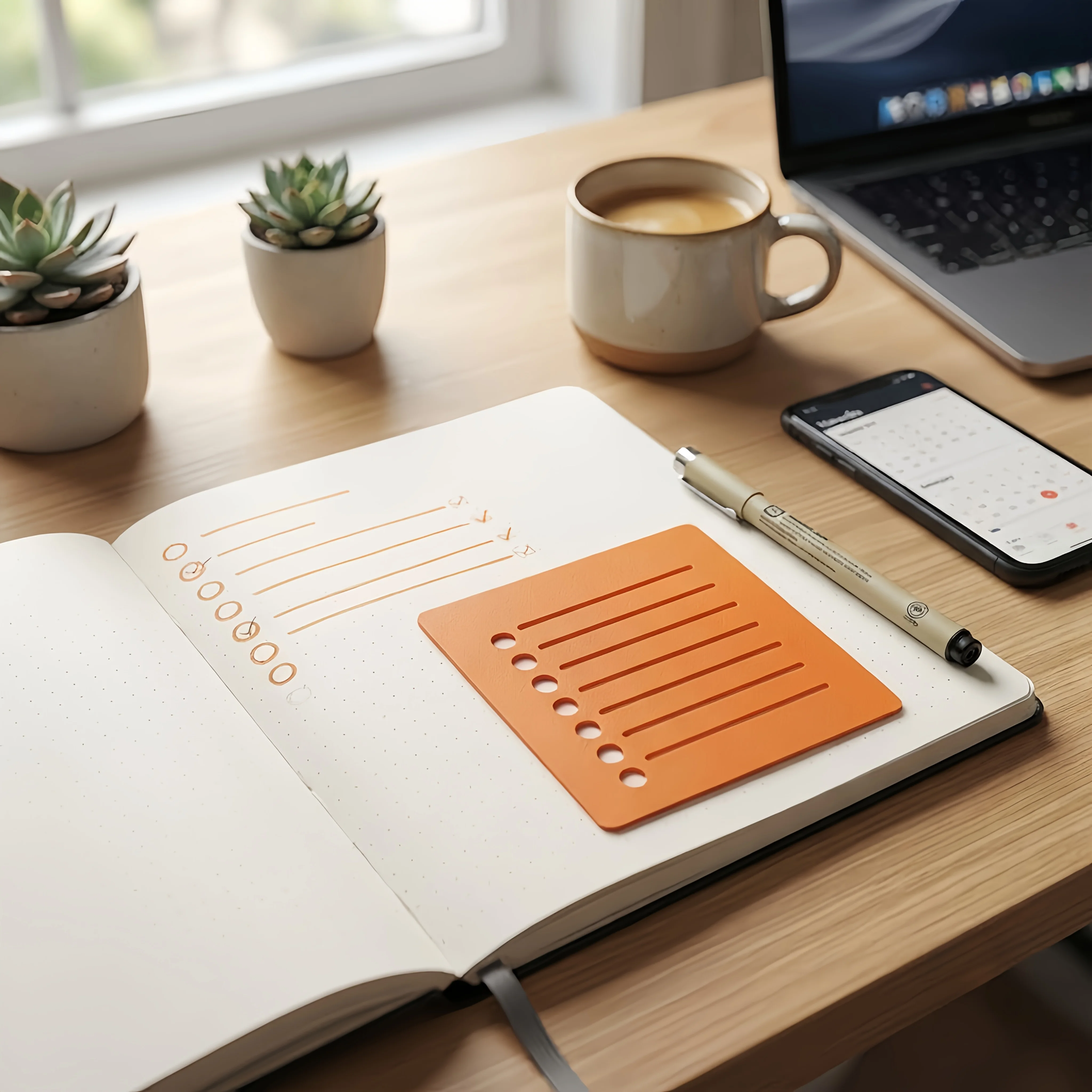Orange Square To‑Do List Template Ruler, Pre‑Made Scale Lines & Dot Checkboxes; Reusable Journal Drawing Stencil