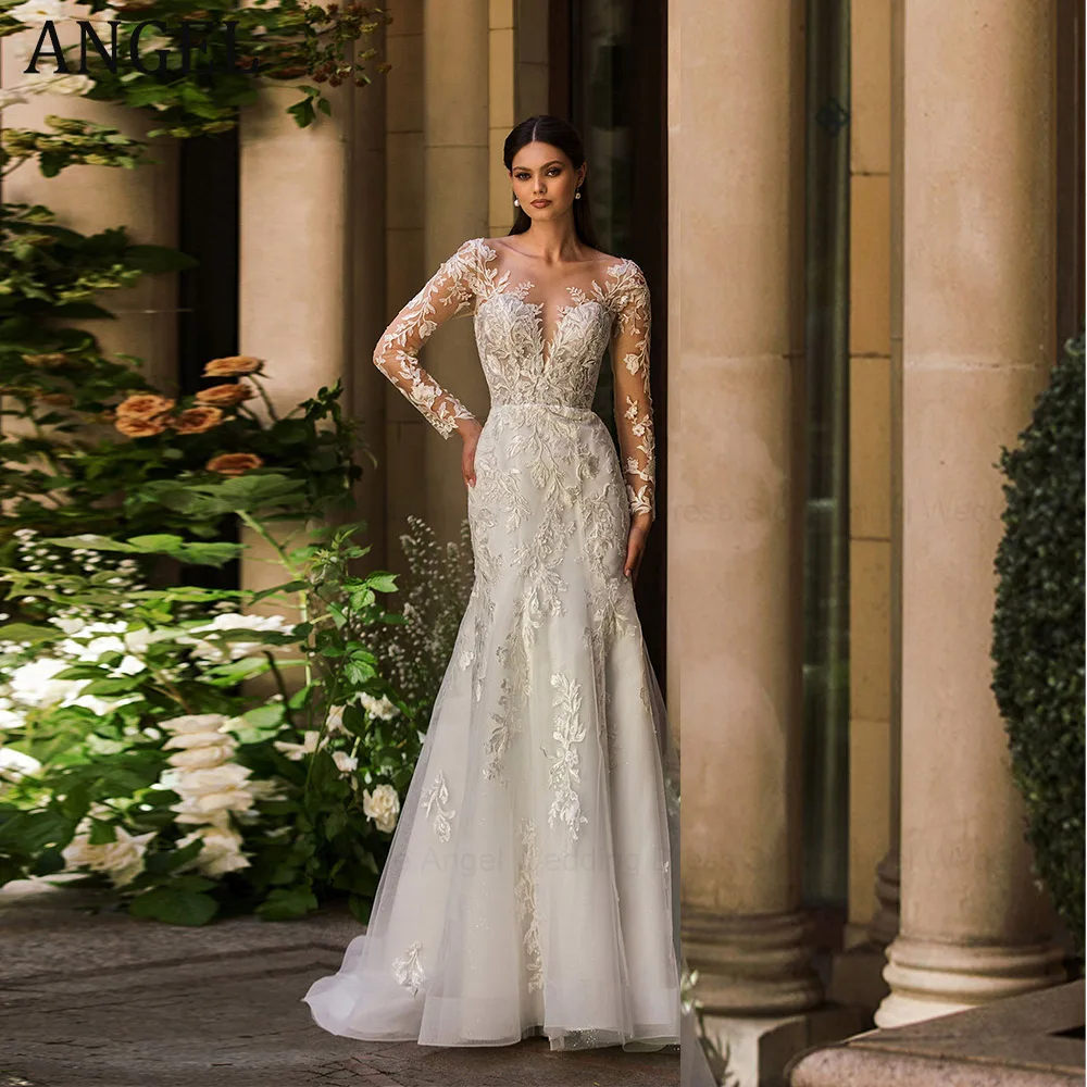 ANGEL Customized Trendy Wedding Dress 2026 A-Line Lace Appliques long sleeves Vestido De Noivas Mermaid Bridal Gowns for Bride