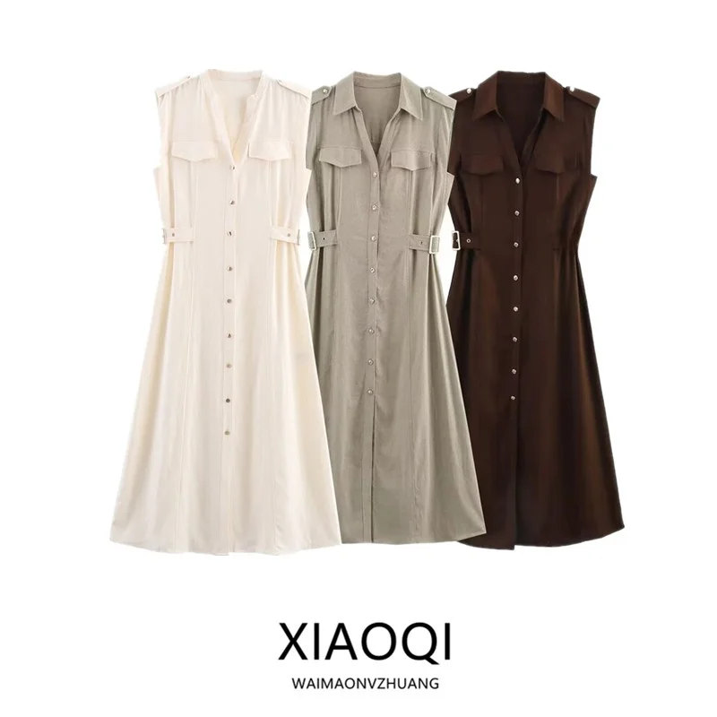 Estate nuova donna confortevole lino V-ne Svel Midi Dr Casual Pendolarismo Sle No-sve monopezzo Altro materiale...