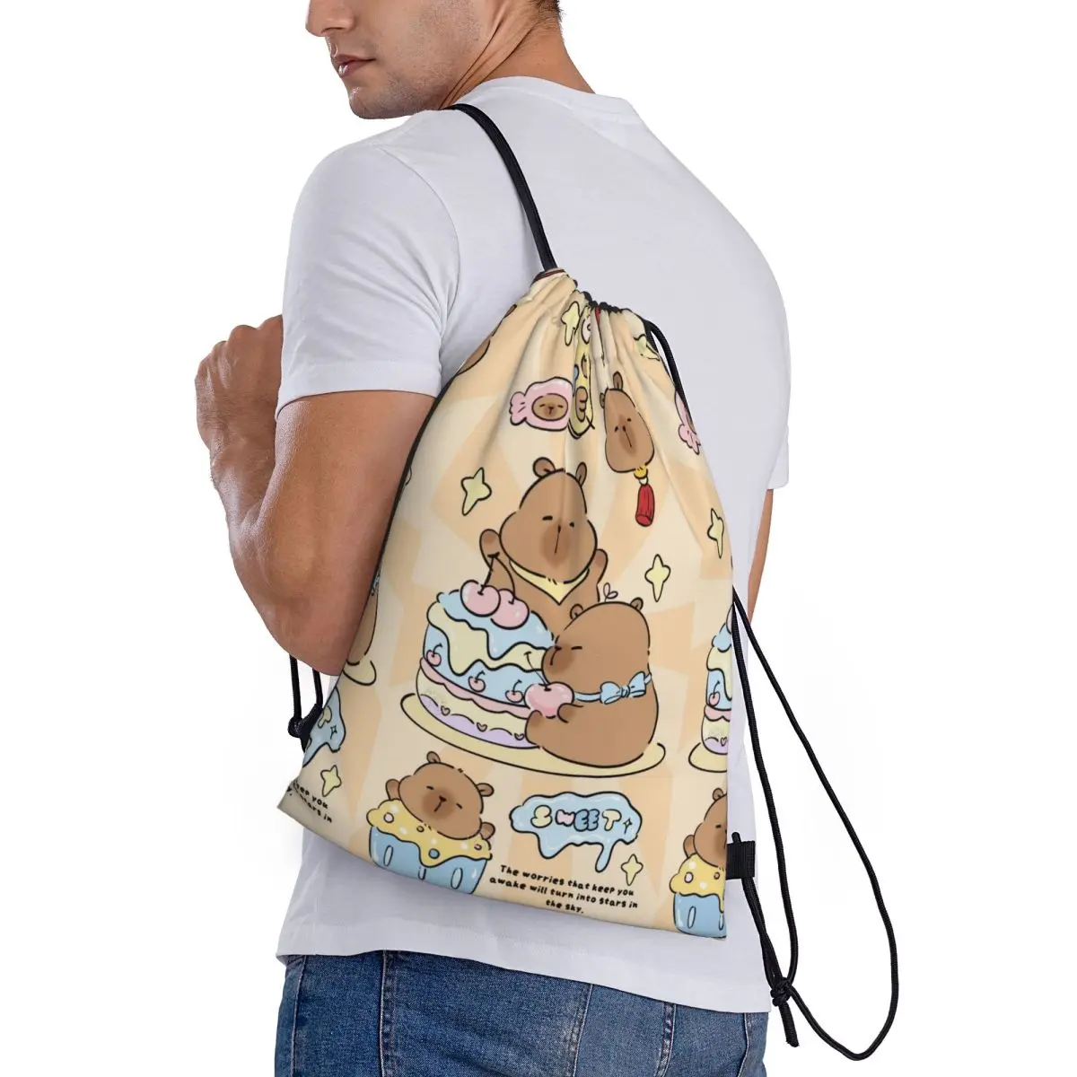 Custom Cute Capybara Sweet Drawstring Backpack Women Men Sport Gym Sackpack Foldable Training Bag Sack