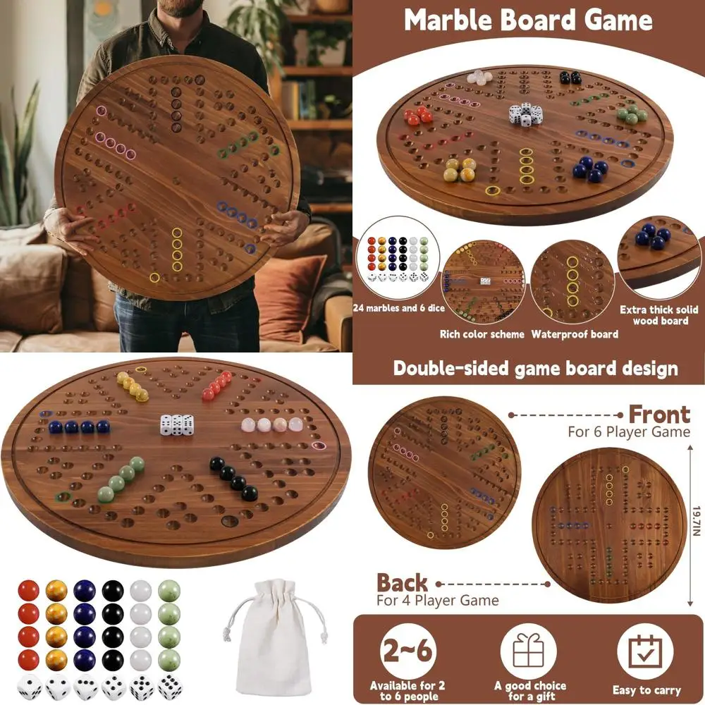 

Double-Sided Wooden Marble Game Board with 30 Marbles, 6 Dice for 4-6 Players, Natural Burnt Marbles