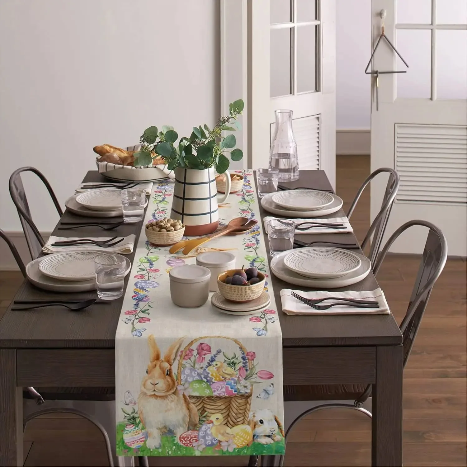 Watercolor Easter Table Runner Bunny Colorful Egg Basket Chick Butterfly Floral Print Spring Holiday Dining Table Decor 
